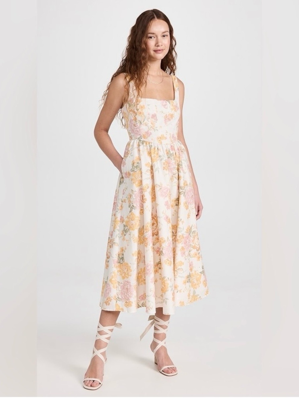 Wayf Floral Midi Dress in Pale Pink & Yellow